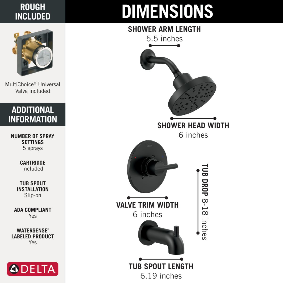 DELTA Nicoli Monitor 14 Series H2Okinetic Tub and Shower — Matte Black
