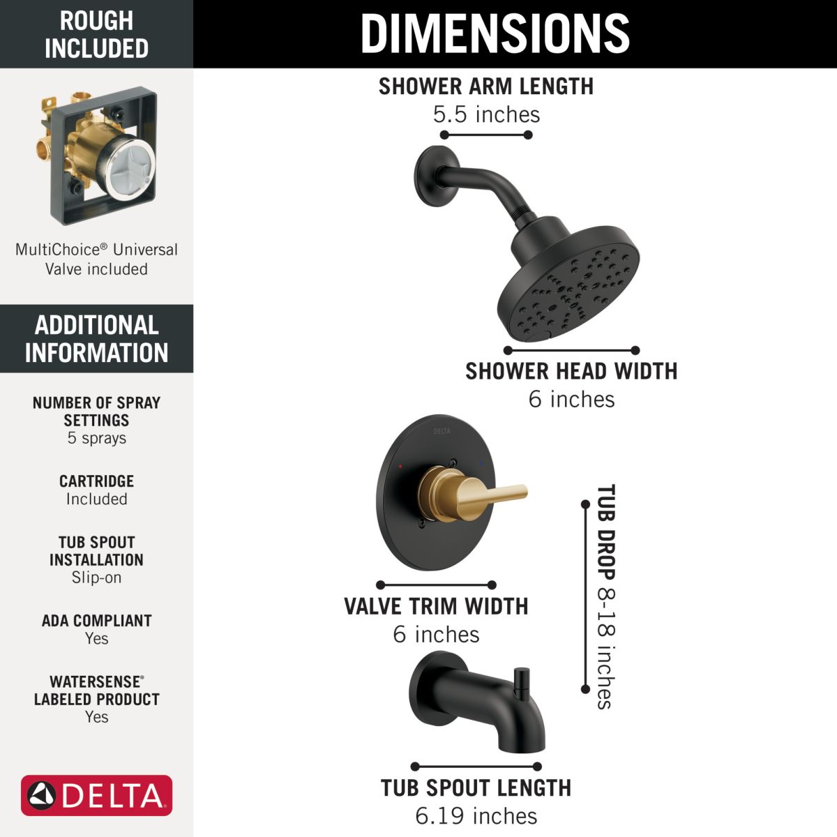 DELTA Nicoli Monitor 14 Series H2Okinetic Tub and Shower — Matte Black / Champagne Bronze