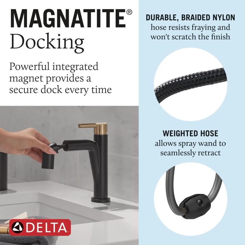 DELTA Nicoli Single Handle Pull-Down Bathroom Faucet — Matte Black / Champagne Bronze