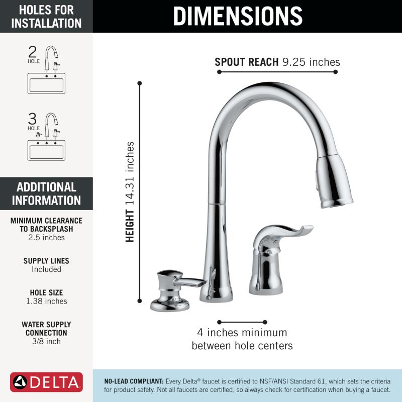 DELTA Kate Single Handle Pull-Down Kitchen Faucet with Soap Dispenser — Chrome