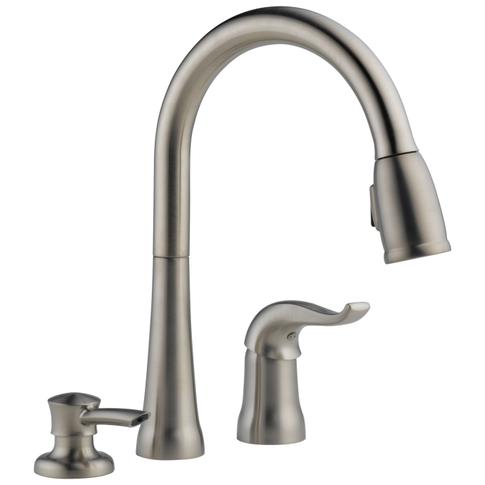 DELTA Kate Single Handle Pull-Down Kitchen Faucet with Soap Dispenser — Stainless