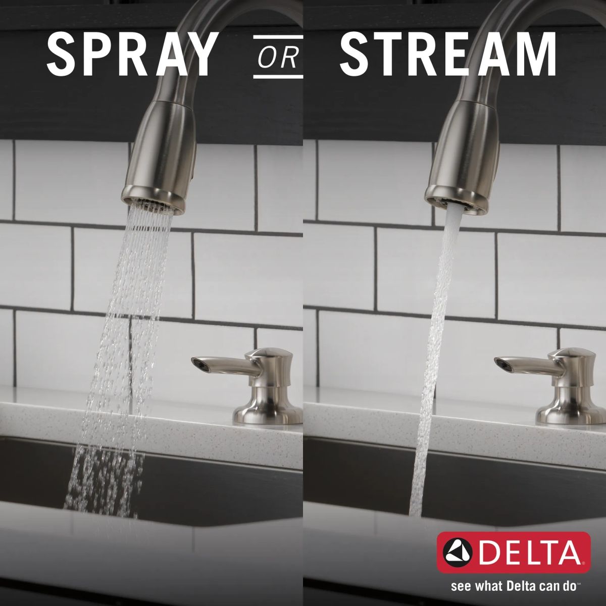 DELTA Kate Single Handle Pull-Down Kitchen Faucet with Soap Dispenser — Stainless