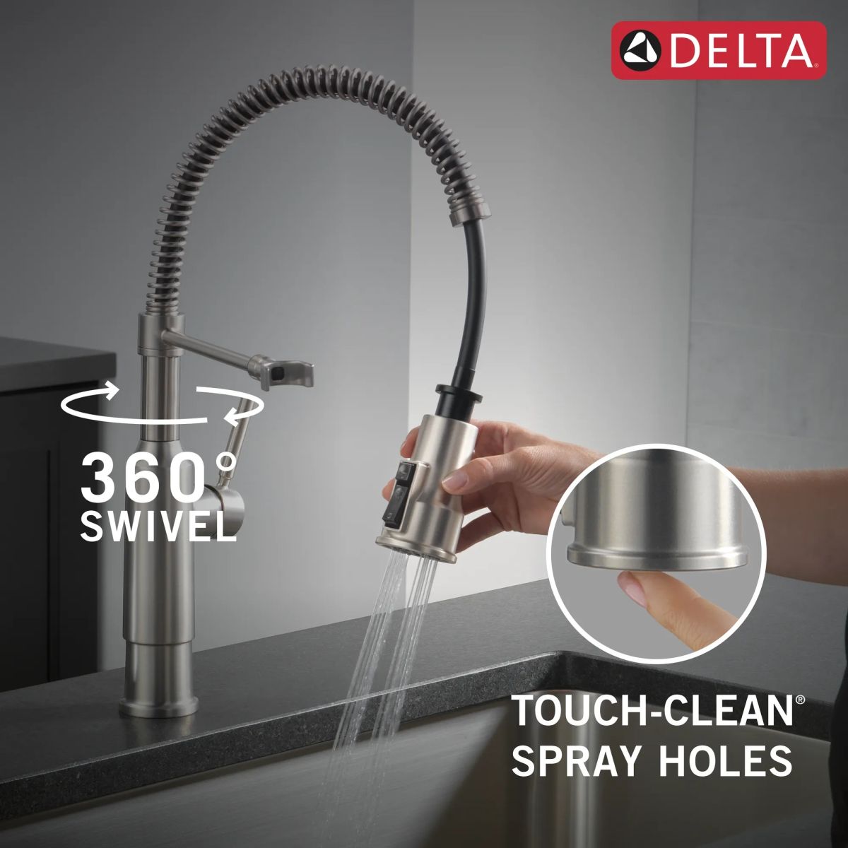 DELTA Theodora Single-Handle Pull-Down Spring Kitchen Faucet — Spotshield Stainless