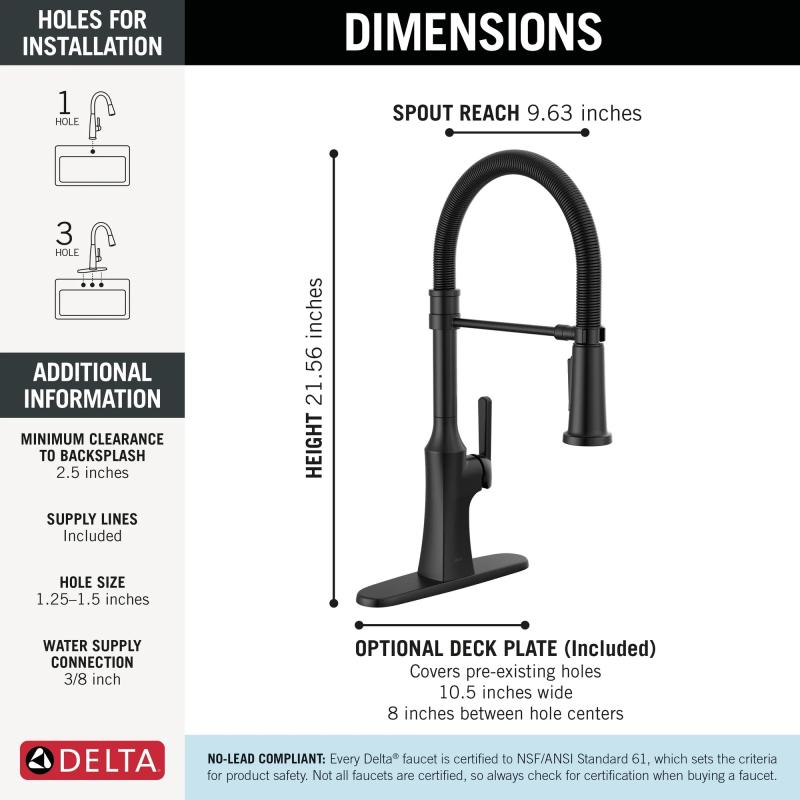 DELTA Ermelo Single Handle Pull-Down Spring Kitchen Faucet — Matte Black