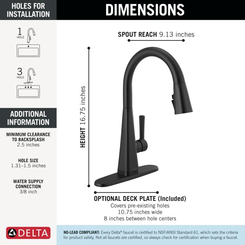 DELTA Lenta Single-Handle Pull-Down Kitchen Faucet with Touch2O Technology — Matte Black