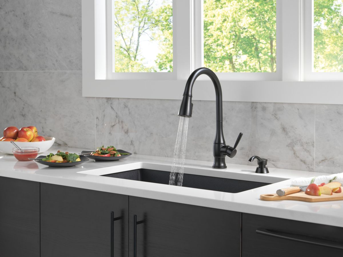 DELTA Hazelwood Single Handle Pull-Down Kitchen Faucet with Soap Dispenser and ShieldSpray Technology — Matte Black