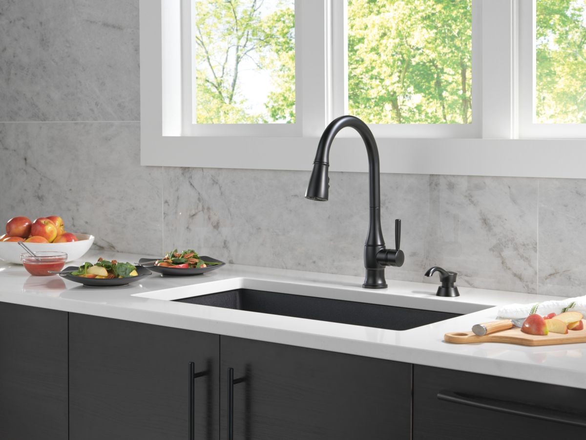 DELTA Hazelwood Single Handle Pull-Down Kitchen Faucet with Soap Dispenser and ShieldSpray Technology — Matte Black
