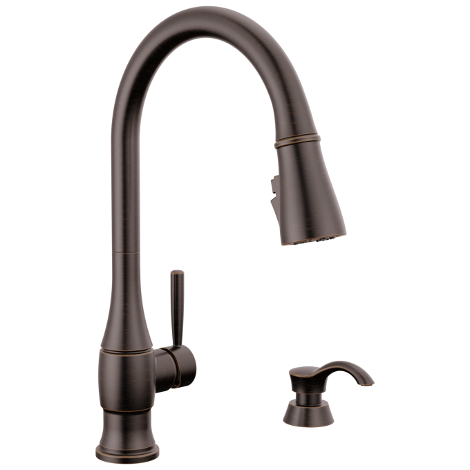 DELTA Hazelwood Single Handle Pull-Down Kitchen Faucet with Soap Dispenser and ShieldSpray Technology — Venetian Bronze