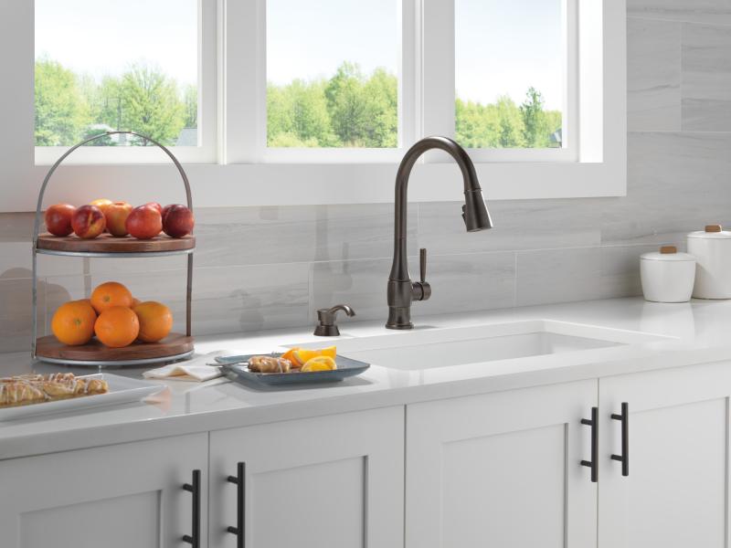 DELTA Hazelwood Single Handle Pull-Down Kitchen Faucet with Soap Dispenser and ShieldSpray Technology — Venetian Bronze