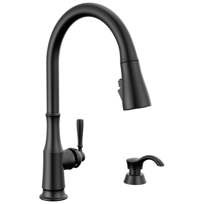 DELTA Capertee Single Handle Pull-Down Kitchen Faucet with Soap Dispenser and ShieldSpray Technology — Matte Black