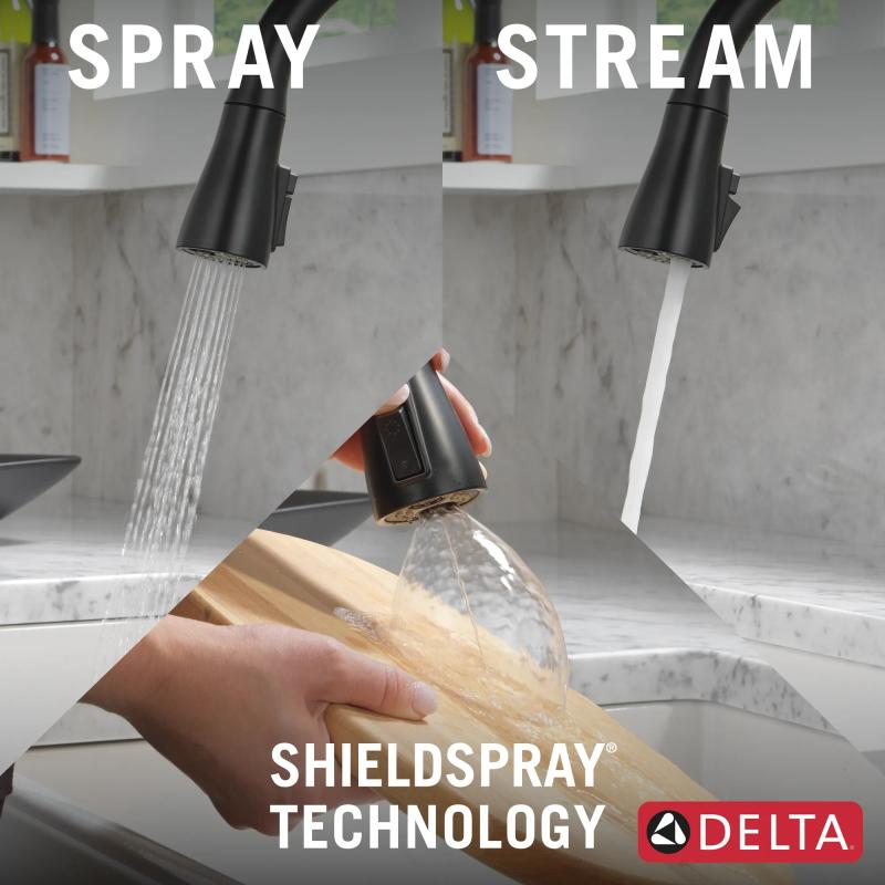 DELTA Capertee Single Handle Pull-Down Kitchen Faucet with Soap Dispenser and ShieldSpray Technology — Matte Black
