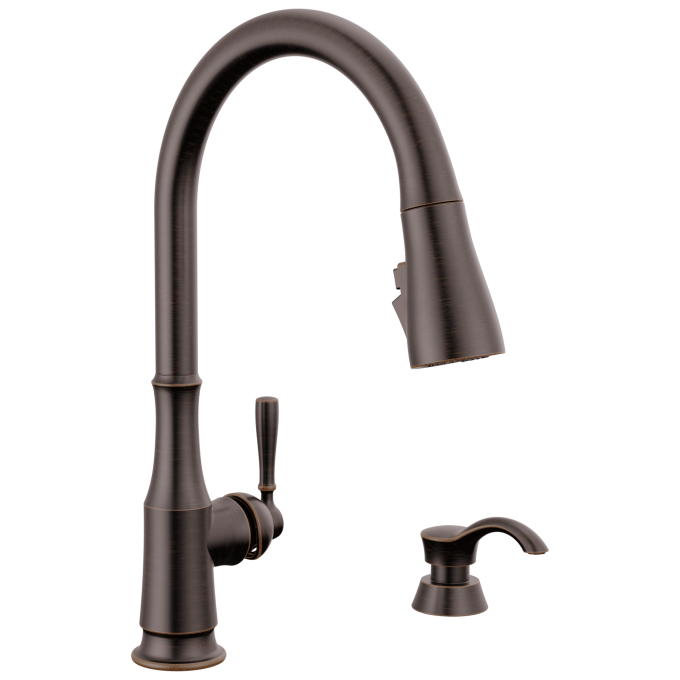 DELTA Capertee Single Handle Pull-Down Kitchen Faucet with Soap Dispenser and ShieldSpray Technology — Venetian Bronze