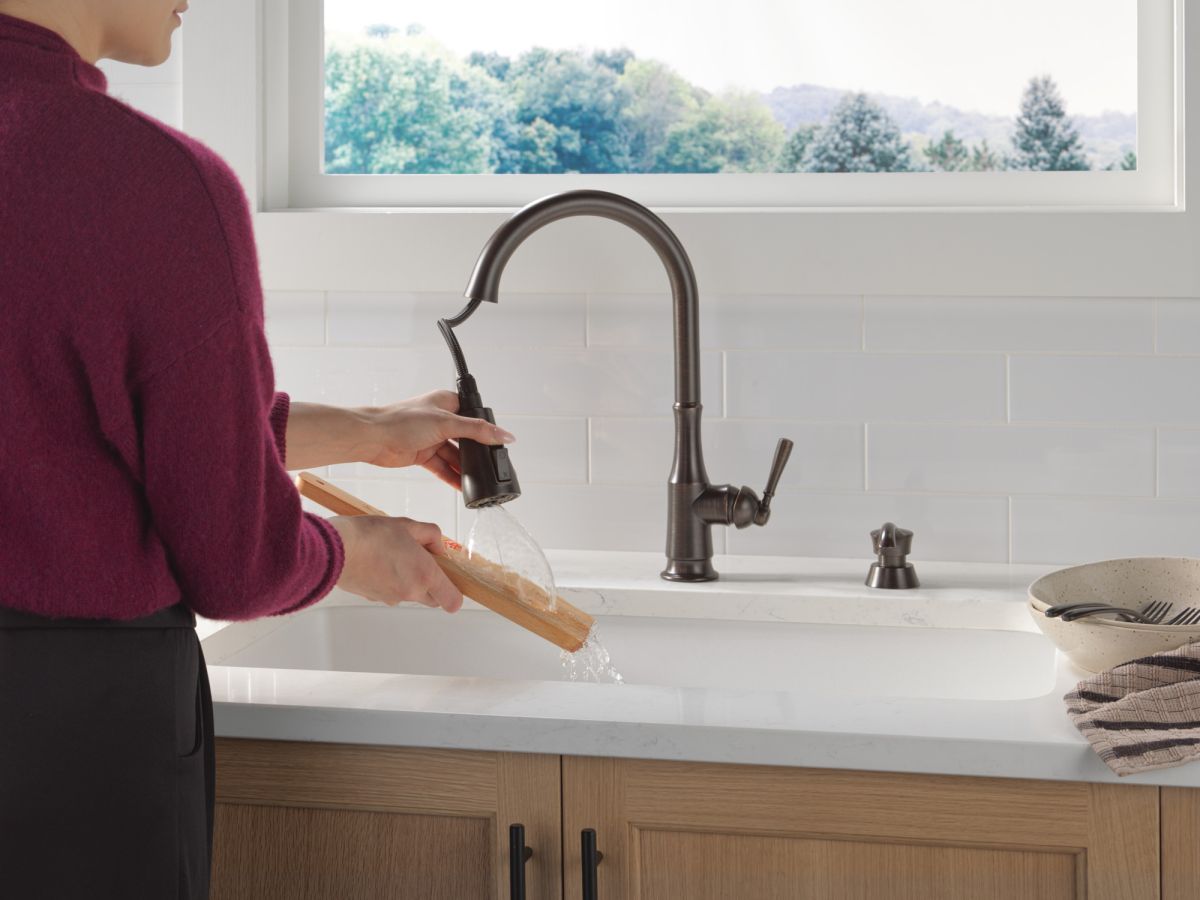 DELTA Capertee Single Handle Pull-Down Kitchen Faucet with Soap Dispenser and ShieldSpray Technology — Venetian Bronze