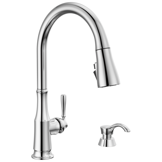 DELTA Capertee Single Handle Pull-Down Kitchen Faucet with Soap Dispenser and ShieldSpray Technology — Chrome