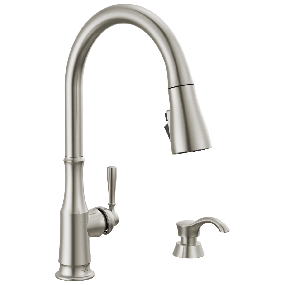 DELTA Capertee Single Handle Pull-Down Kitchen Faucet with Soap Dispenser and ShieldSpray Technology — Spotshield Stainless