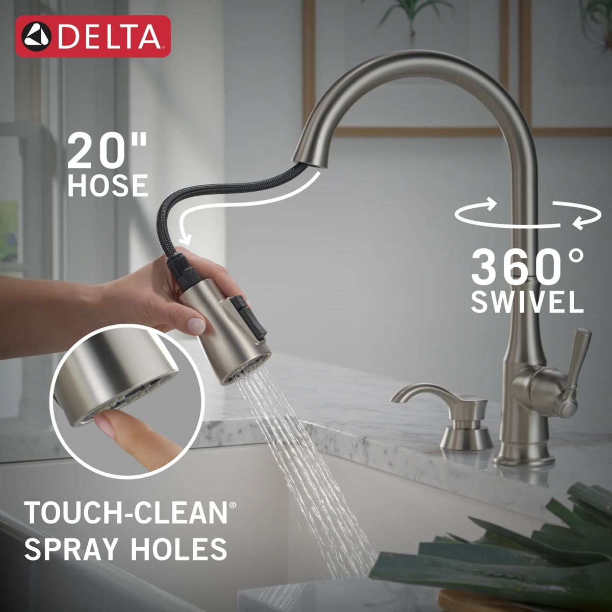 DELTA Capertee Single Handle Pull-Down Kitchen Faucet with Soap Dispenser and ShieldSpray Technology — Spotshield Stainless