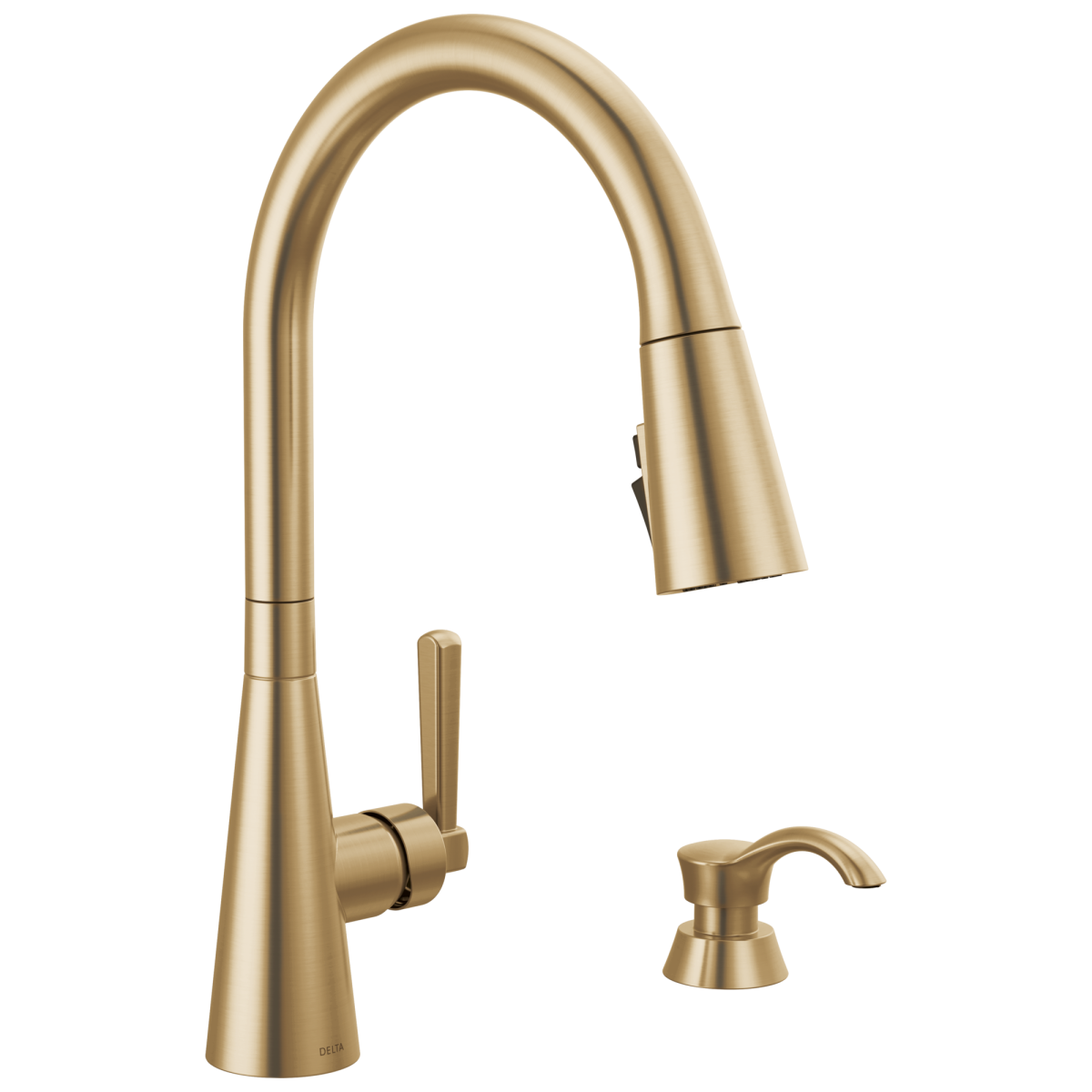 DELTA Boyd Single Handle Pull-Down Kitchen Faucet with Soap Dispenser and ShieldSpray Technology — Champagne Bronze