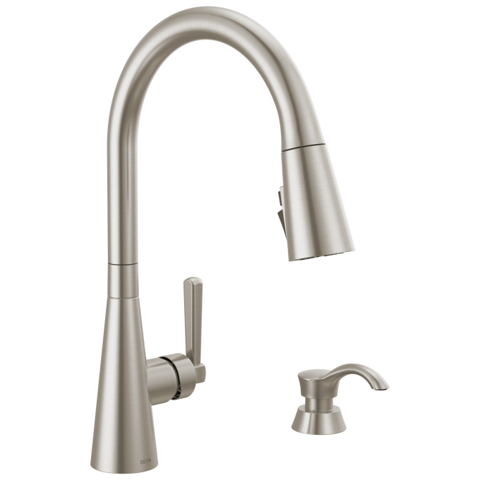 DELTA Boyd Single Handle Pull-Down Kitchen Faucet with Soap Dispenser and ShieldSpray Technology — Spotshield Stainless