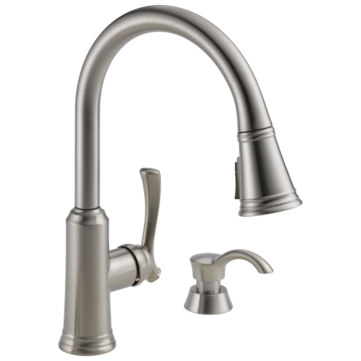 DELTA Lakeview Single Handle Pull-Down Kitchen Faucet with Soap Dispenser and ShieldSpray Technology — Stainless