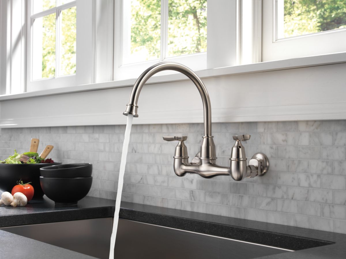 DELTA Corin Two Handle Wall Mounted Kitchen Faucet — Stainless