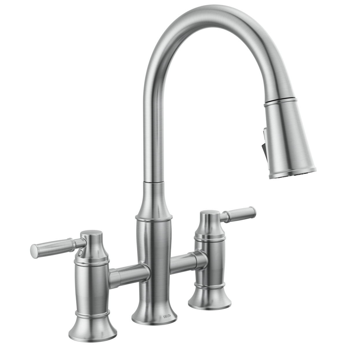DELTA Renaldi Two Handle Pull-Down Bridge Kitchen Faucet — Lumicoat® Arctic Stainless