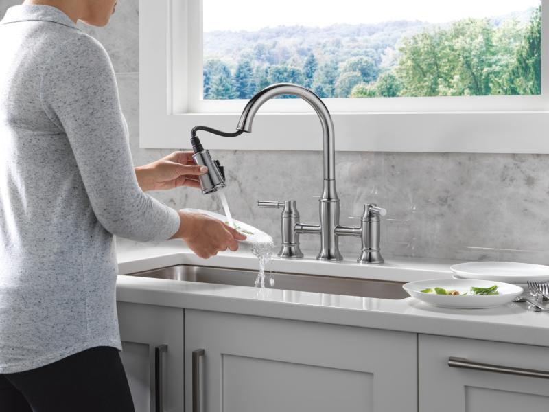 DELTA Renaldi Two Handle Pull-Down Bridge Kitchen Faucet — Lumicoat® Arctic Stainless