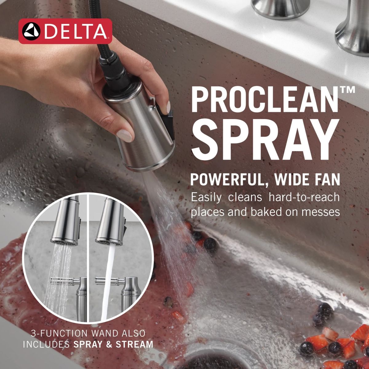 DELTA Renaldi Two Handle Pull-Down Bridge Kitchen Faucet — Lumicoat® Arctic Stainless