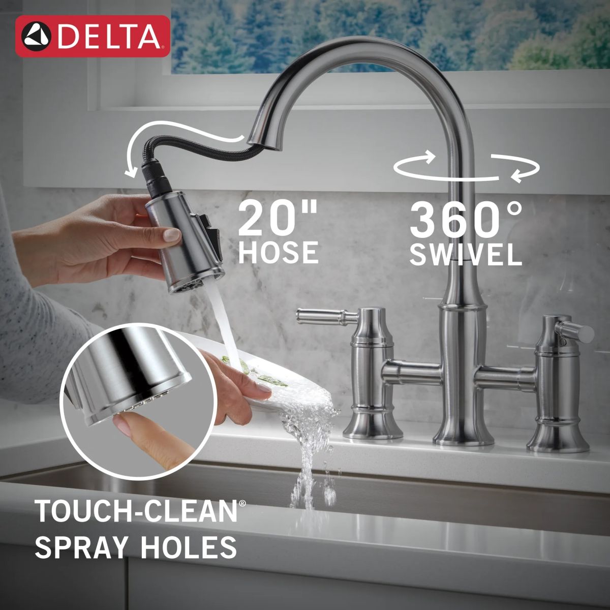 DELTA Renaldi Two Handle Pull-Down Bridge Kitchen Faucet — Lumicoat® Arctic Stainless