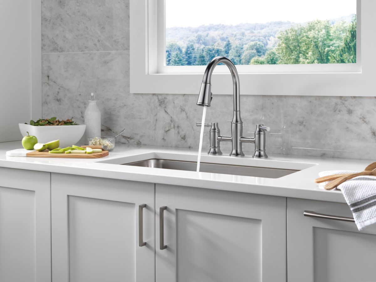 DELTA Renaldi Two Handle Pull-Down Bridge Kitchen Faucet — Lumicoat® Arctic Stainless