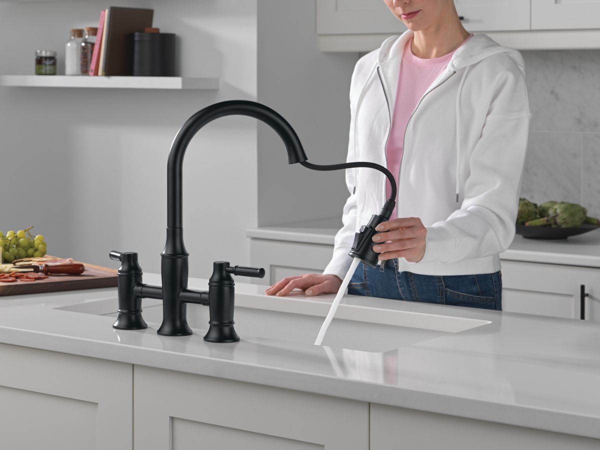 DELTA Renaldi Two Handle Pull-Down Bridge Kitchen Faucet — Matte Black