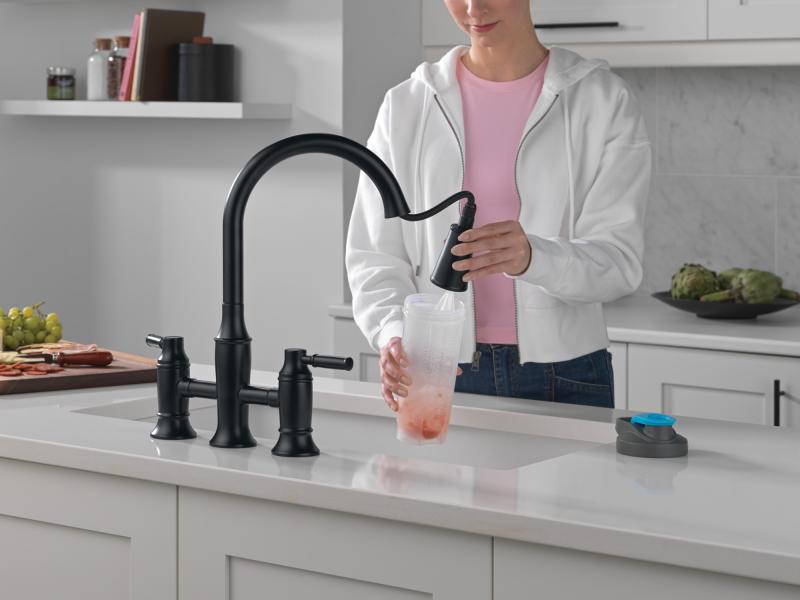 DELTA Renaldi Two Handle Pull-Down Bridge Kitchen Faucet — Matte Black