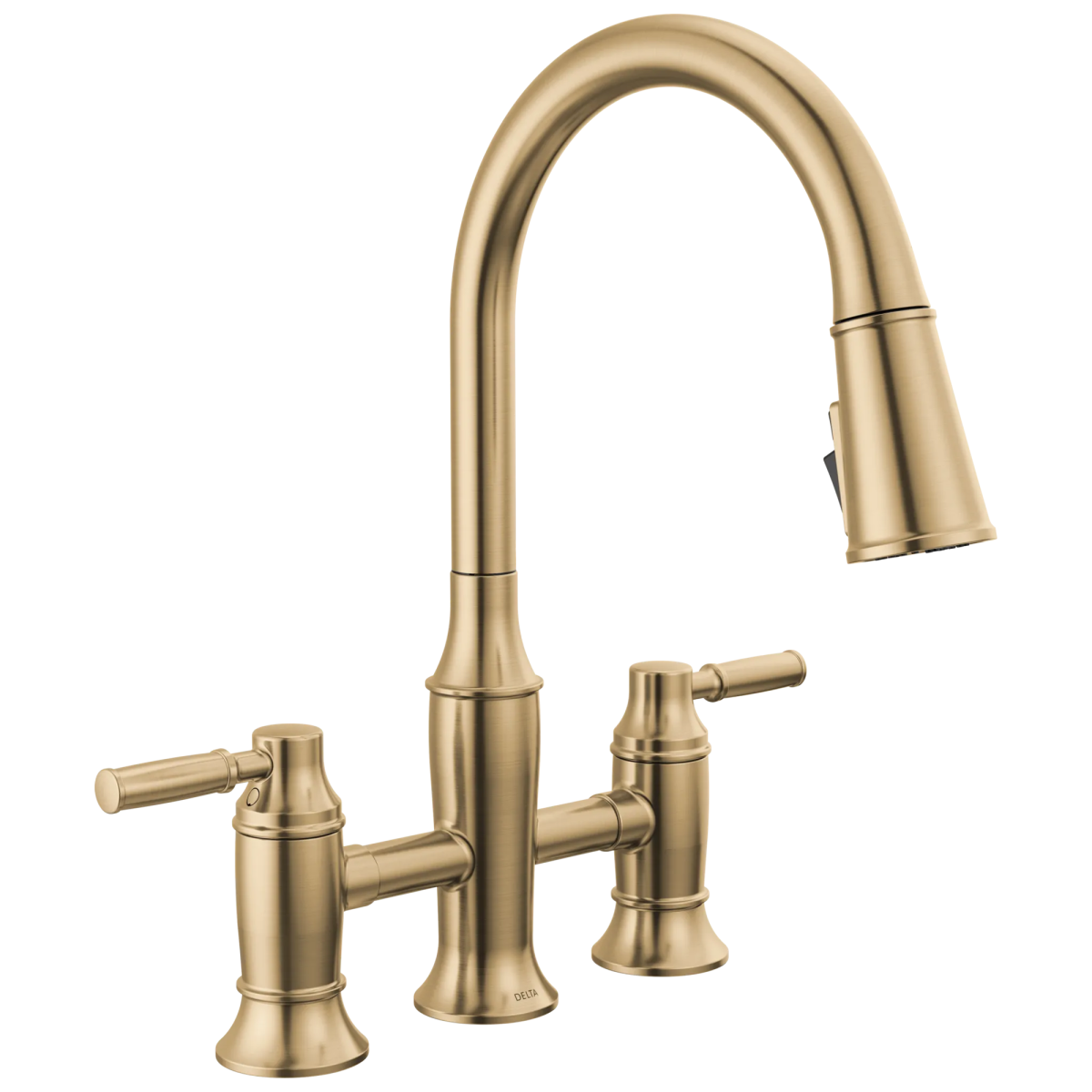 DELTA Renaldi Two Handle Pull-Down Bridge Kitchen Faucet — Lumicoat® Champagne Bronze