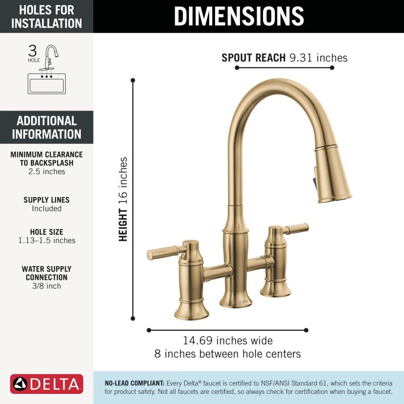 DELTA Renaldi Two Handle Pull-Down Bridge Kitchen Faucet — Lumicoat® Champagne Bronze