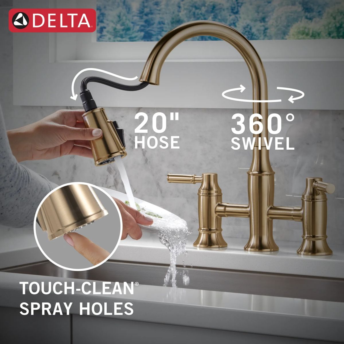 DELTA Renaldi Two Handle Pull-Down Bridge Kitchen Faucet — Lumicoat® Champagne Bronze