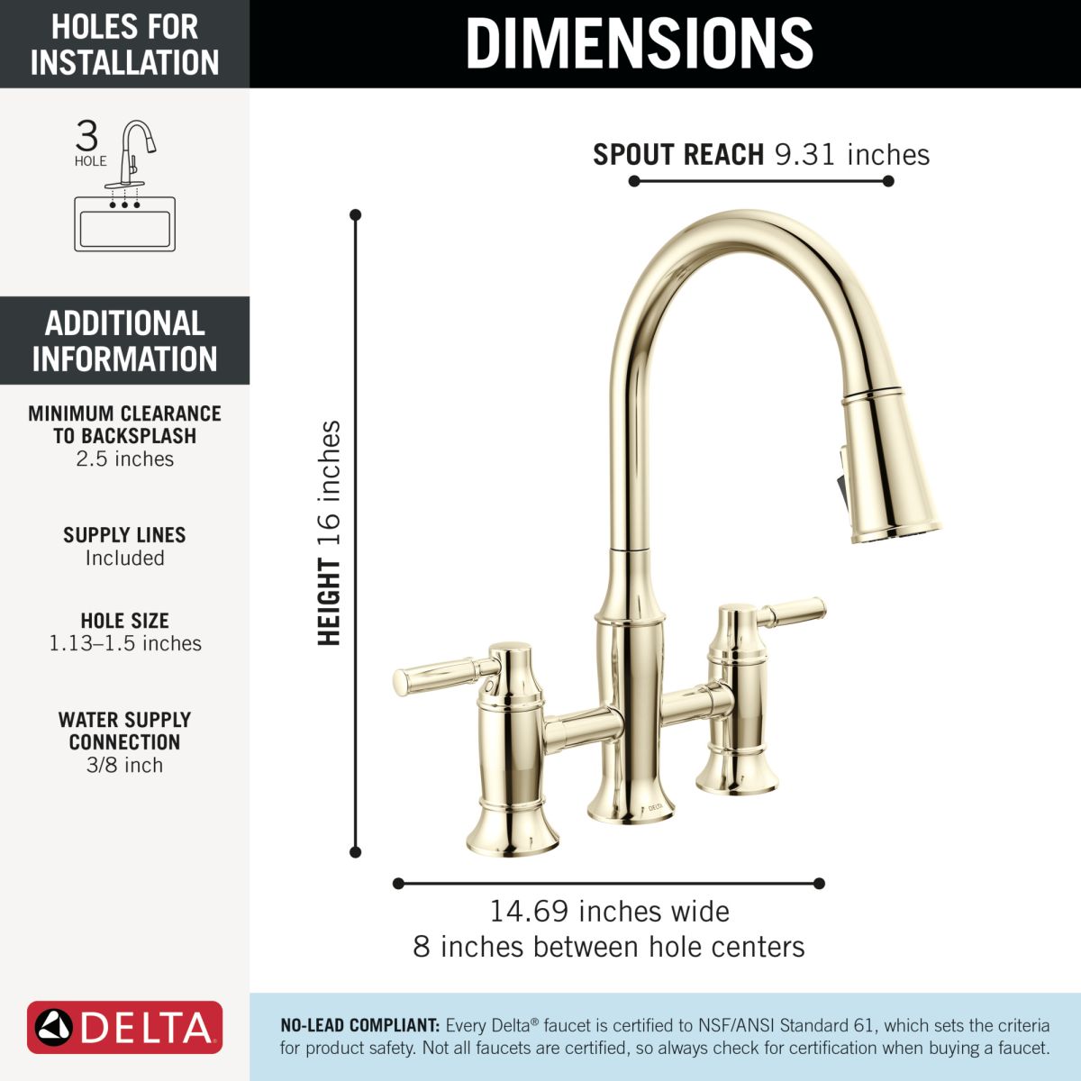 DELTA Renaldi Two Handle Pull-Down Bridge Kitchen Faucet — Lumicoat® Polished Nickel
