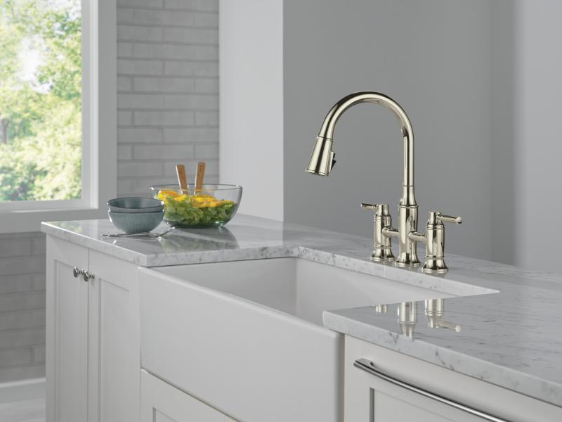 DELTA Renaldi Two Handle Pull-Down Bridge Kitchen Faucet — Lumicoat® Polished Nickel
