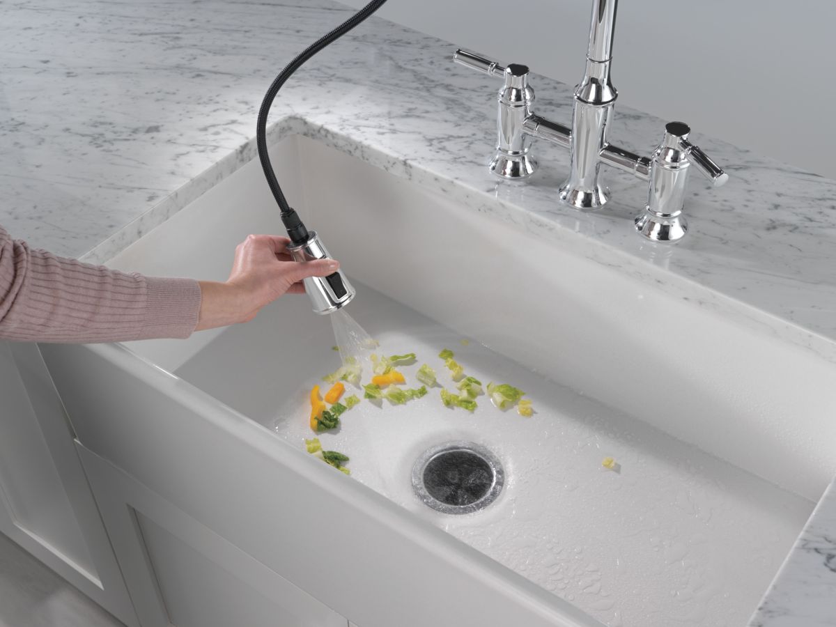 DELTA Renaldi Two Handle Pull-Down Bridge Kitchen Faucet — Lumicoat® Chrome