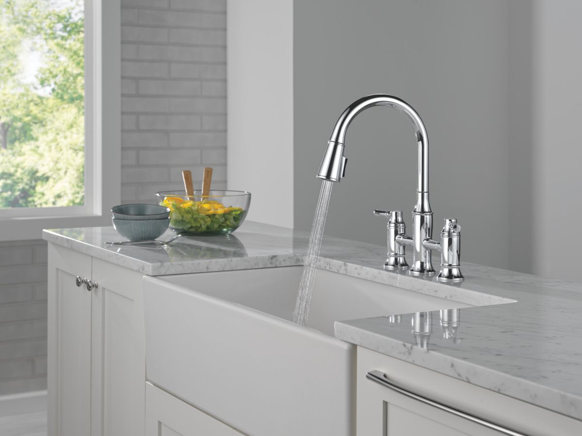 DELTA Renaldi Two Handle Pull-Down Bridge Kitchen Faucet — Lumicoat® Chrome