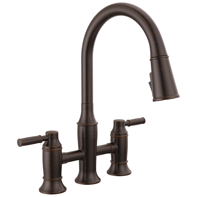 DELTA Renaldi Two Handle Pull-Down Bridge Kitchen Faucet — Venetian Bronze
