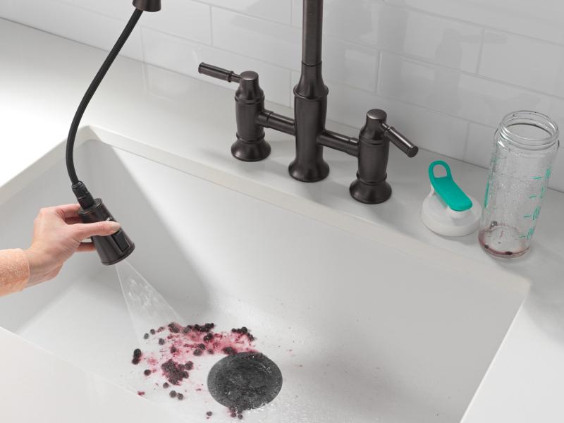 DELTA Renaldi Two Handle Pull-Down Bridge Kitchen Faucet — Venetian Bronze