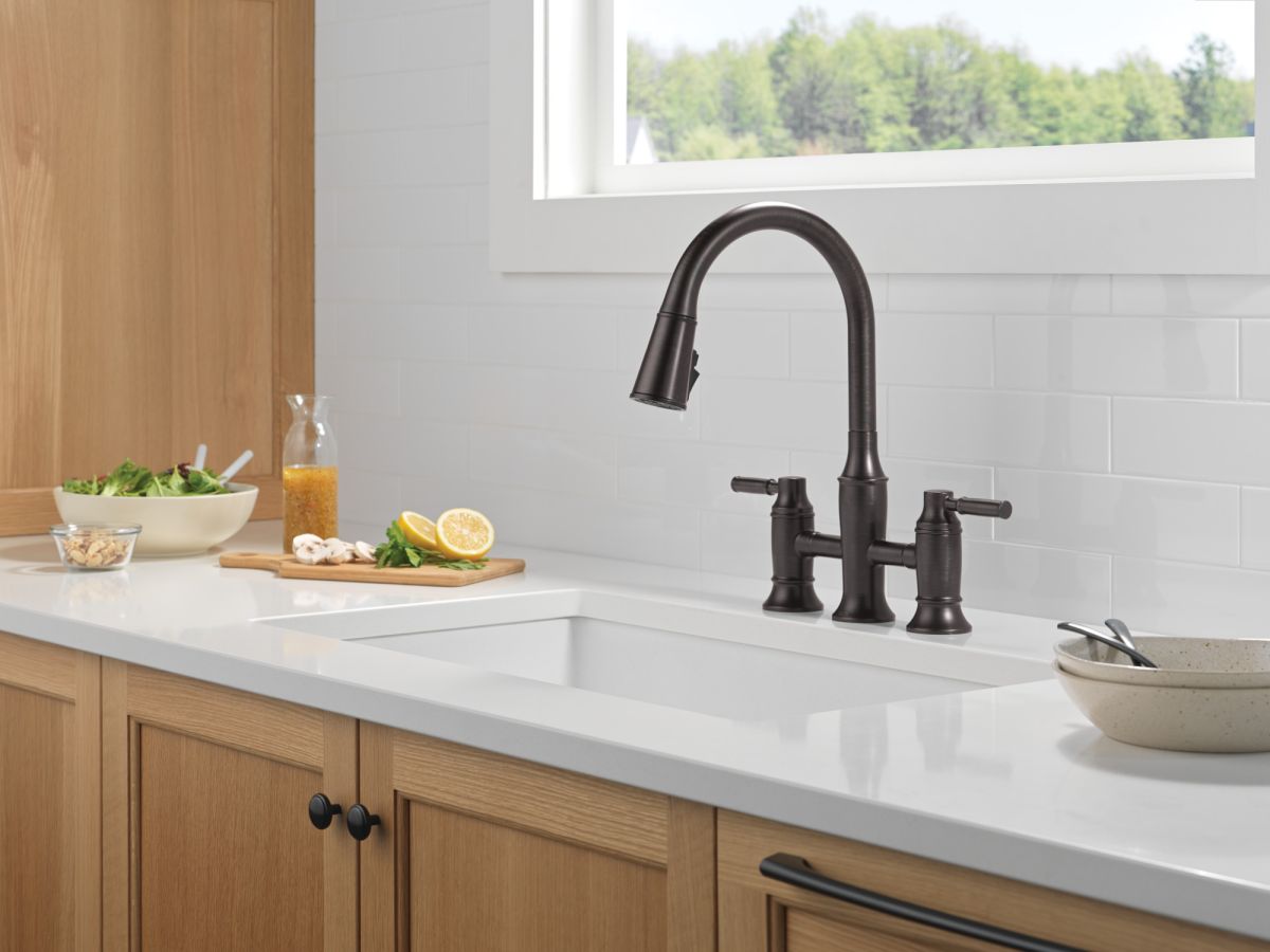 DELTA Renaldi Two Handle Pull-Down Bridge Kitchen Faucet — Venetian Bronze