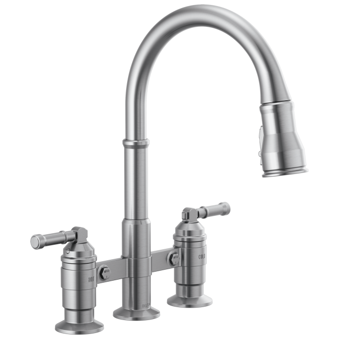 DELTA Broderick Two Handle Pull-Down Bridge Kitchen Faucet — Arctic Stainless