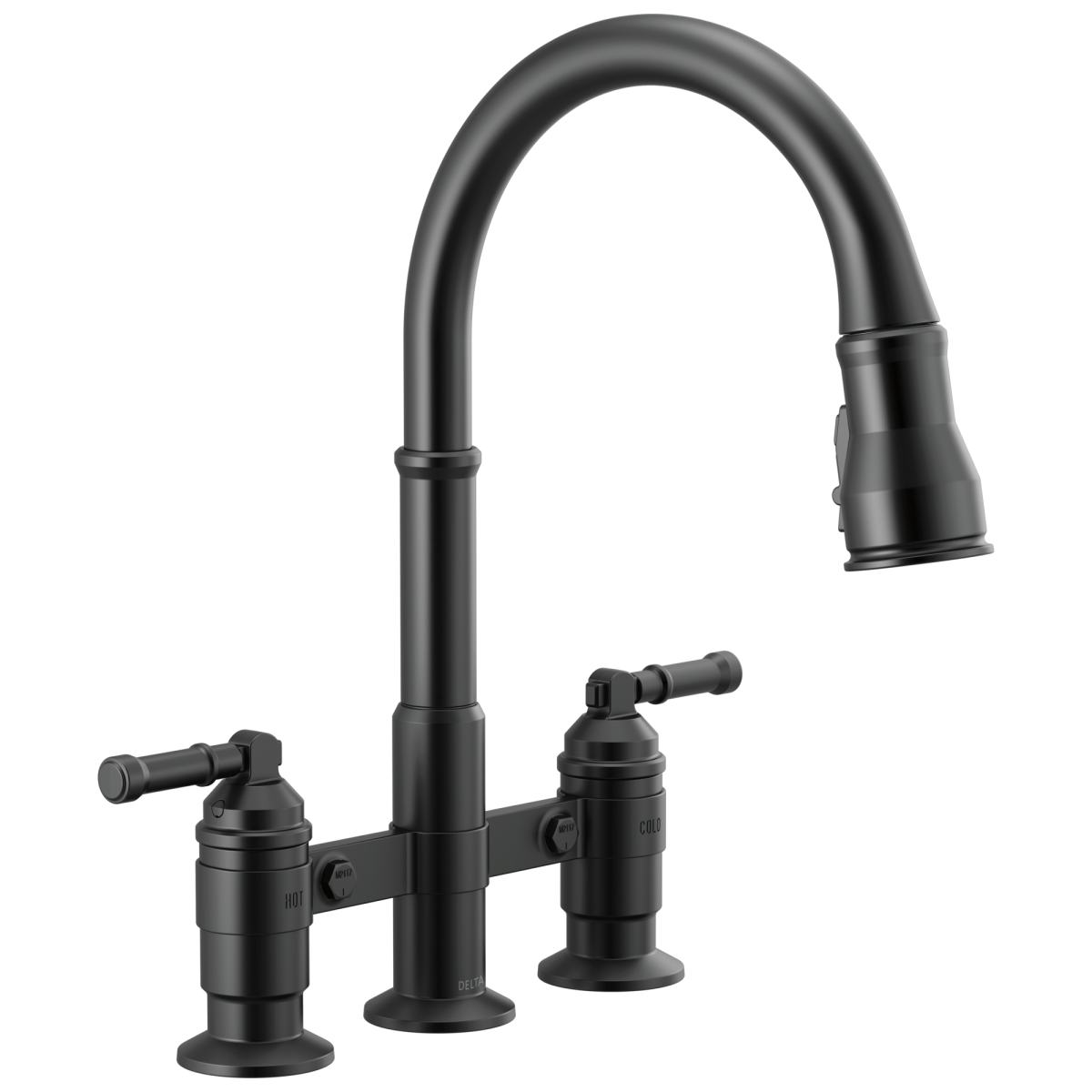DELTA Broderick Two Handle Pull-Down Bridge Kitchen Faucet — Matte Black