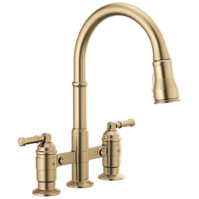 DELTA Broderick Two Handle Pull-Down Bridge Kitchen Faucet — Champagne Bronze