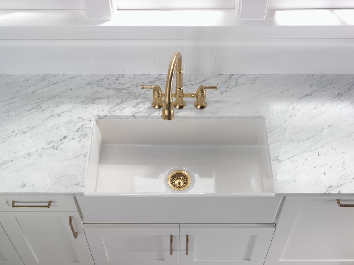 DELTA Broderick Two Handle Pull-Down Bridge Kitchen Faucet — Champagne Bronze