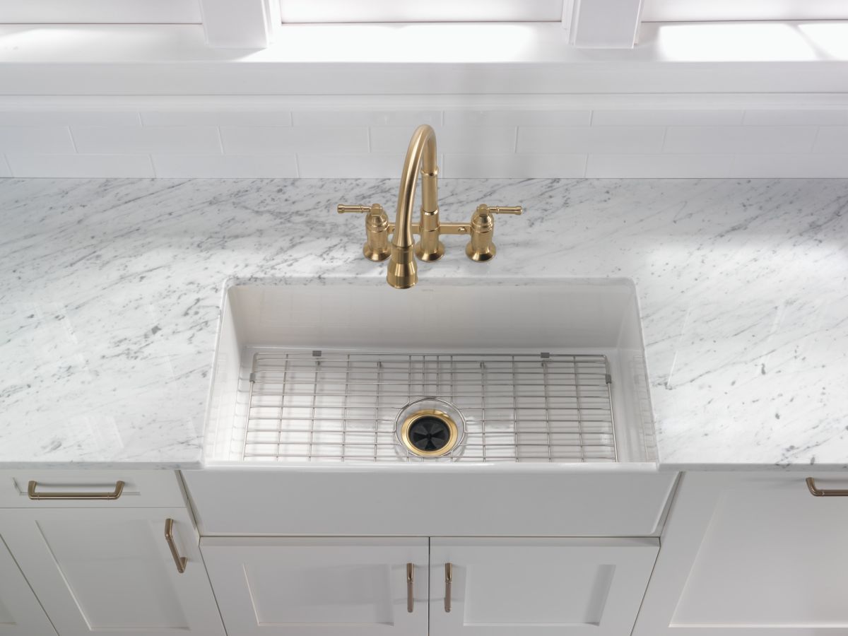 DELTA Broderick Two Handle Pull-Down Bridge Kitchen Faucet — Champagne Bronze