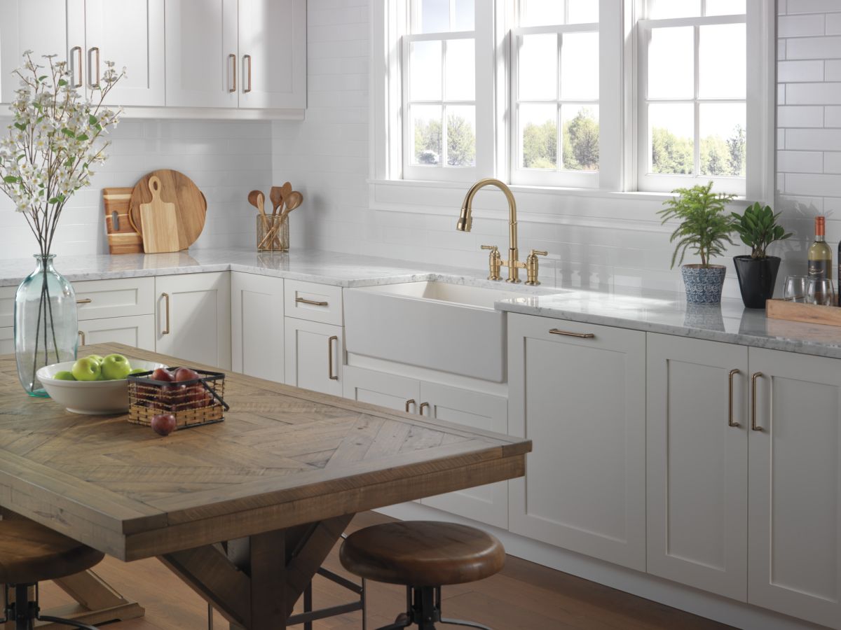 DELTA Broderick Two Handle Pull-Down Bridge Kitchen Faucet — Champagne Bronze
