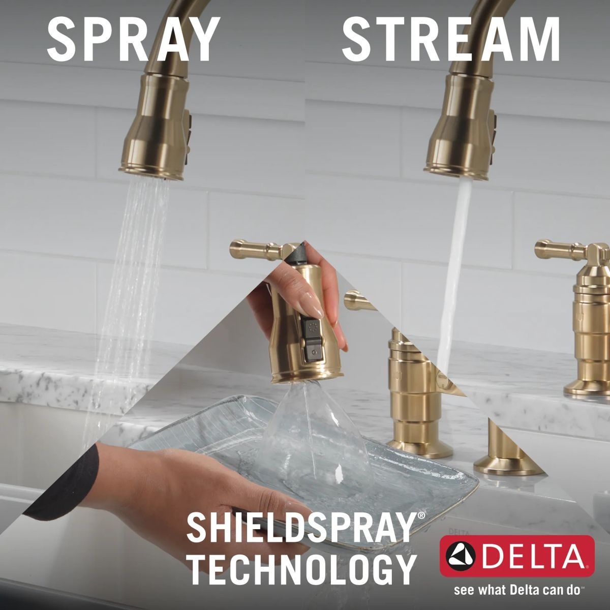 DELTA Broderick Two Handle Pull-Down Bridge Kitchen Faucet — Champagne Bronze
