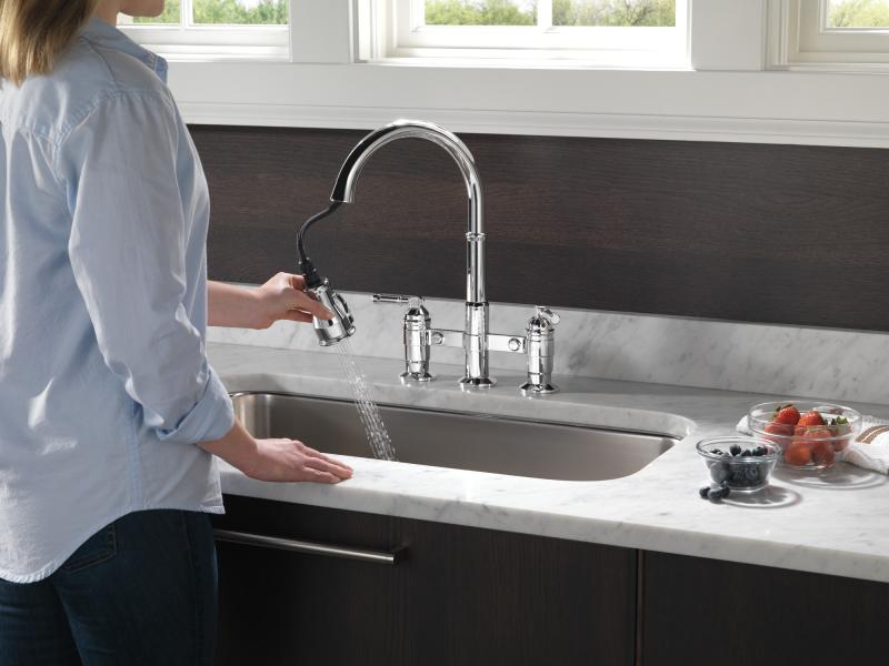 DELTA Broderick Two Handle Pull-Down Bridge Kitchen Faucet — Chrome