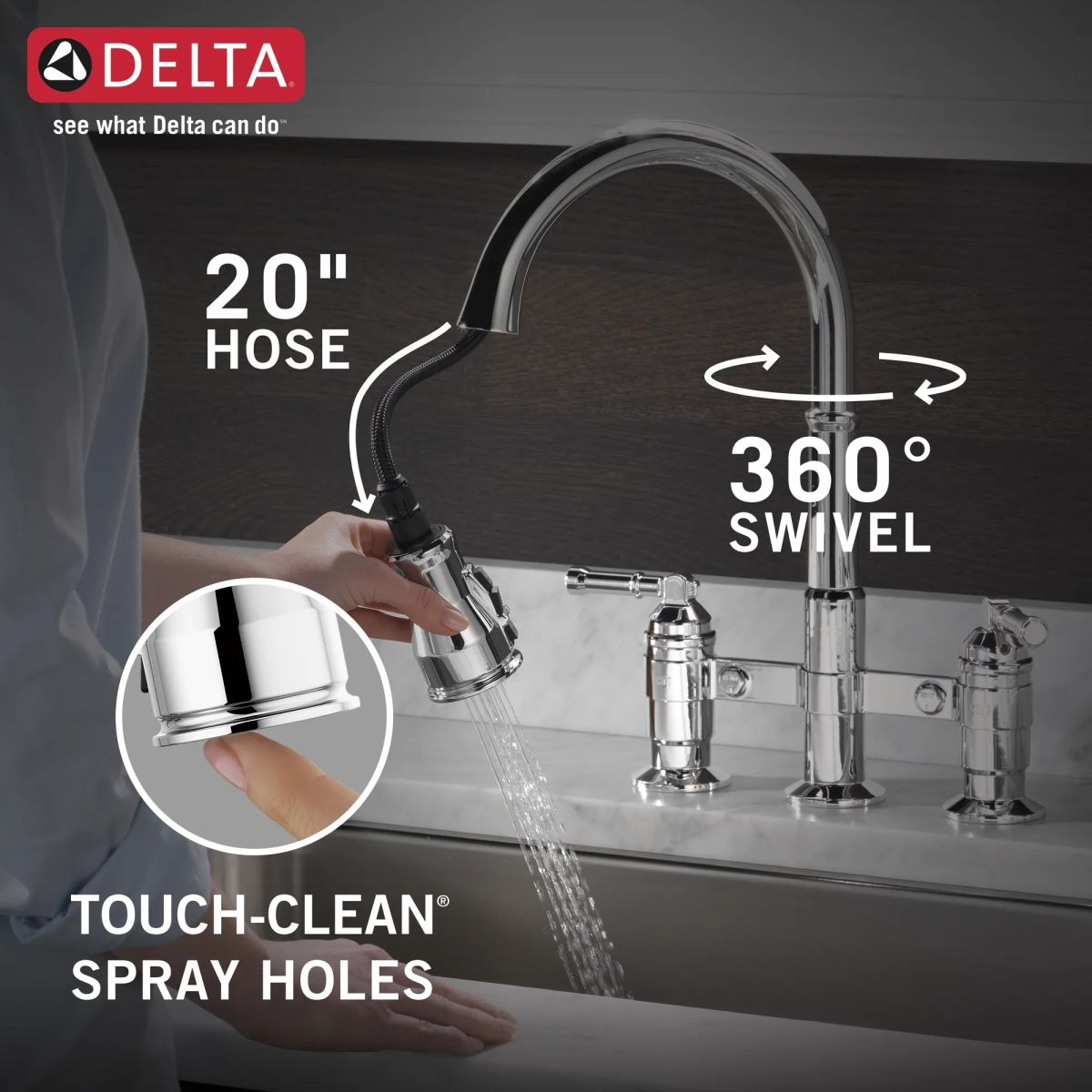 DELTA Broderick Two Handle Pull-Down Bridge Kitchen Faucet — Chrome